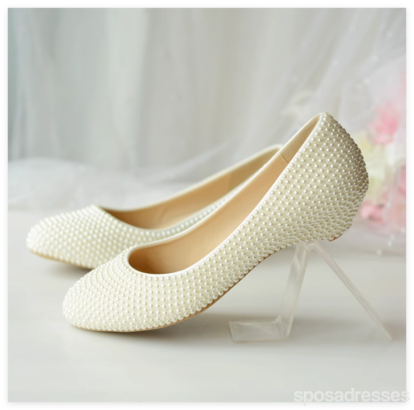 Women's Wedding Shoes Decorative Pearl Wedding Low Heels Bridal Shoes With Beading,H82