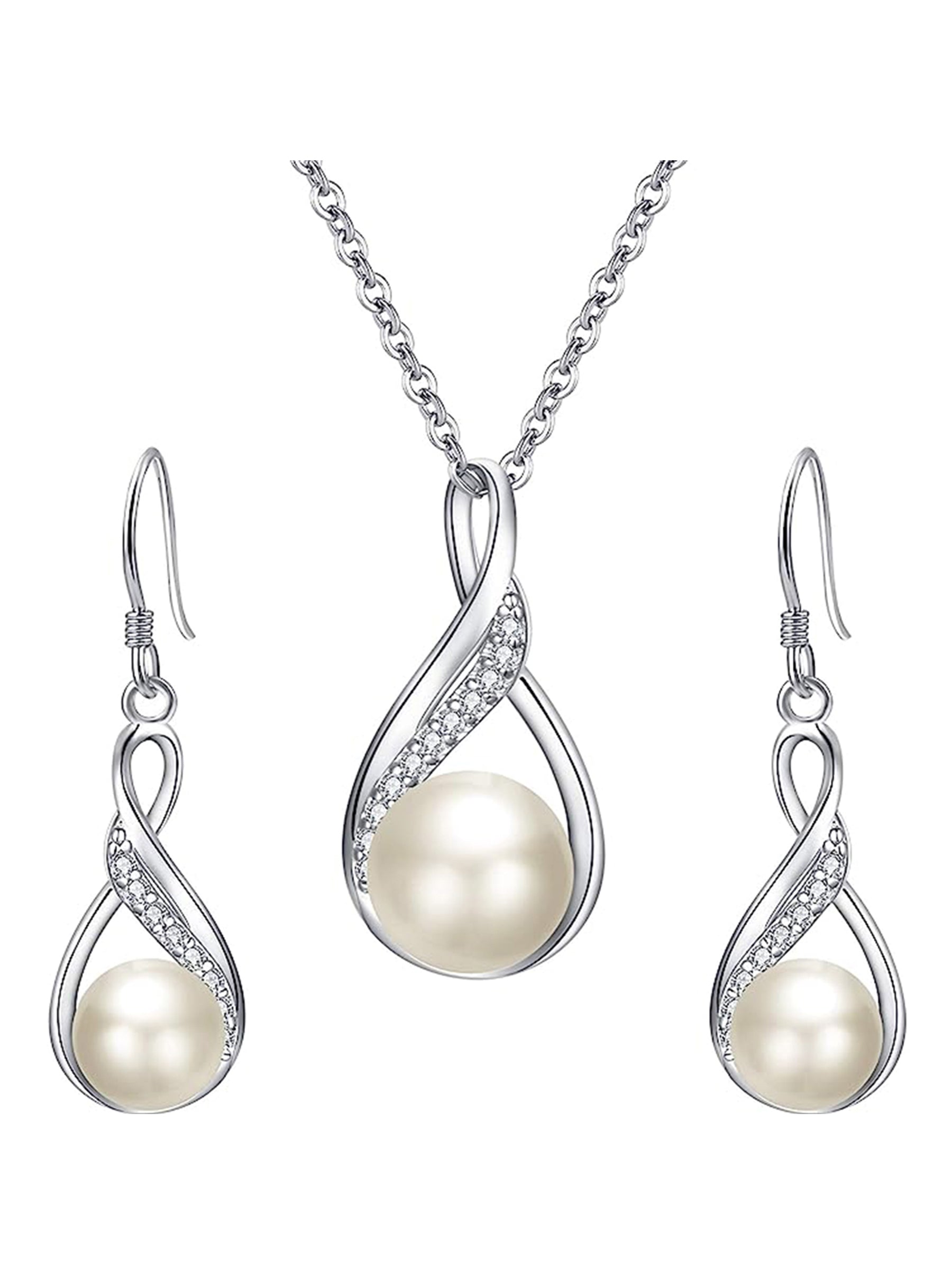 Delicate 925 Sterling Silver & Pearl Bridal Necklace Earrings Wedding Jewelry Sets