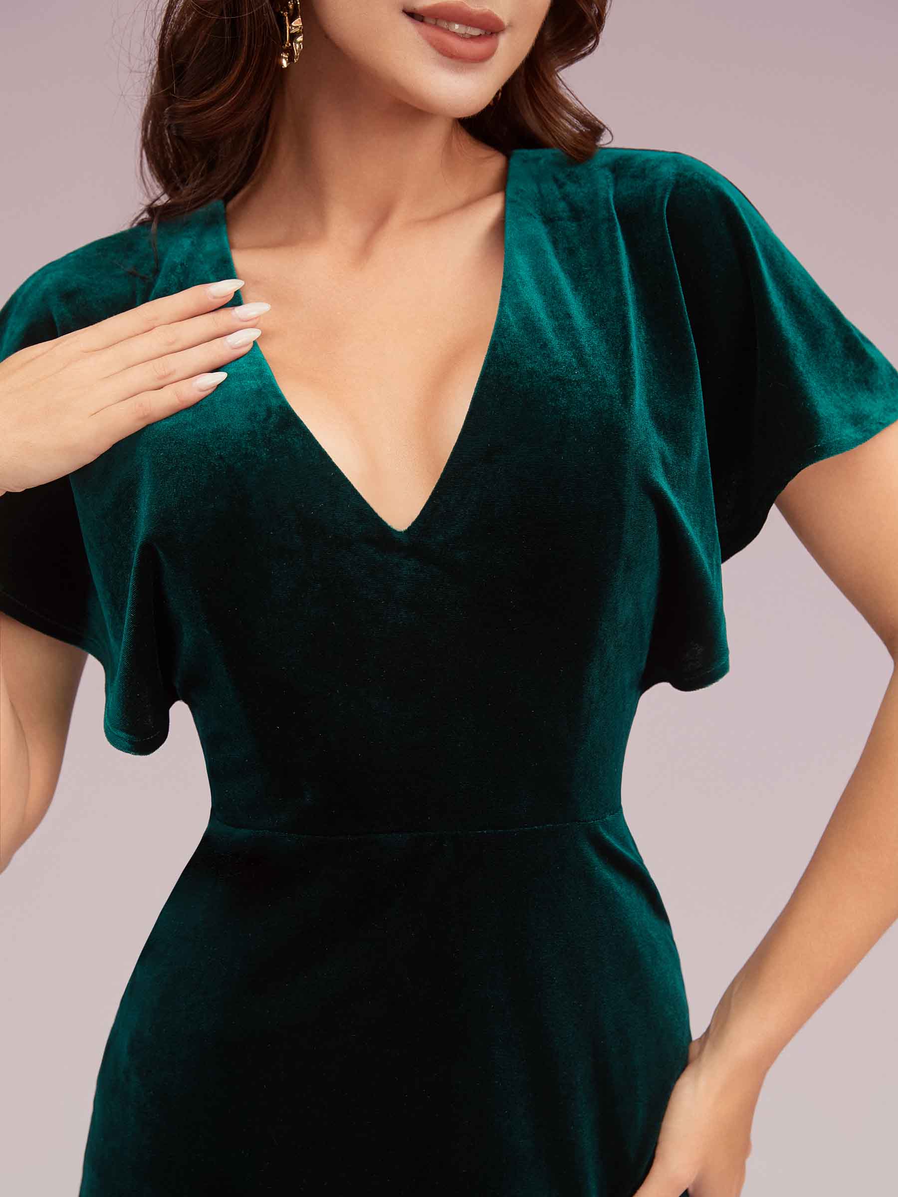 Sexy Bat Sleeves V-neck Long Stretch Velvet Party Prom Dresses With Slit