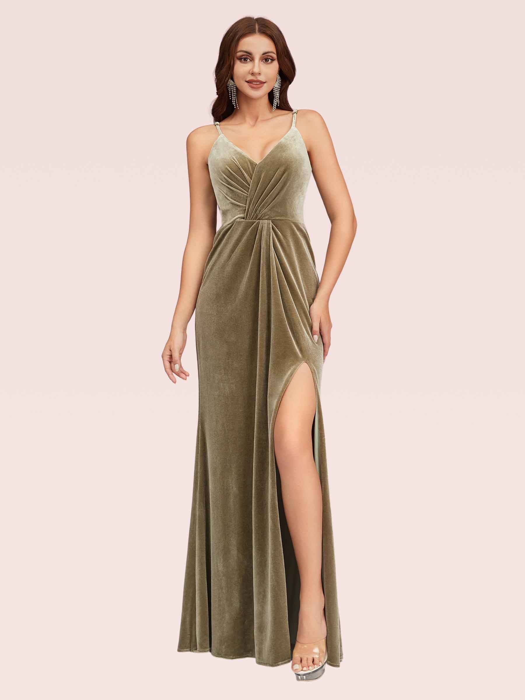 Sexy Spaghetti Strap V-Neck Long Velvet Evening Prom Dress With Slit
