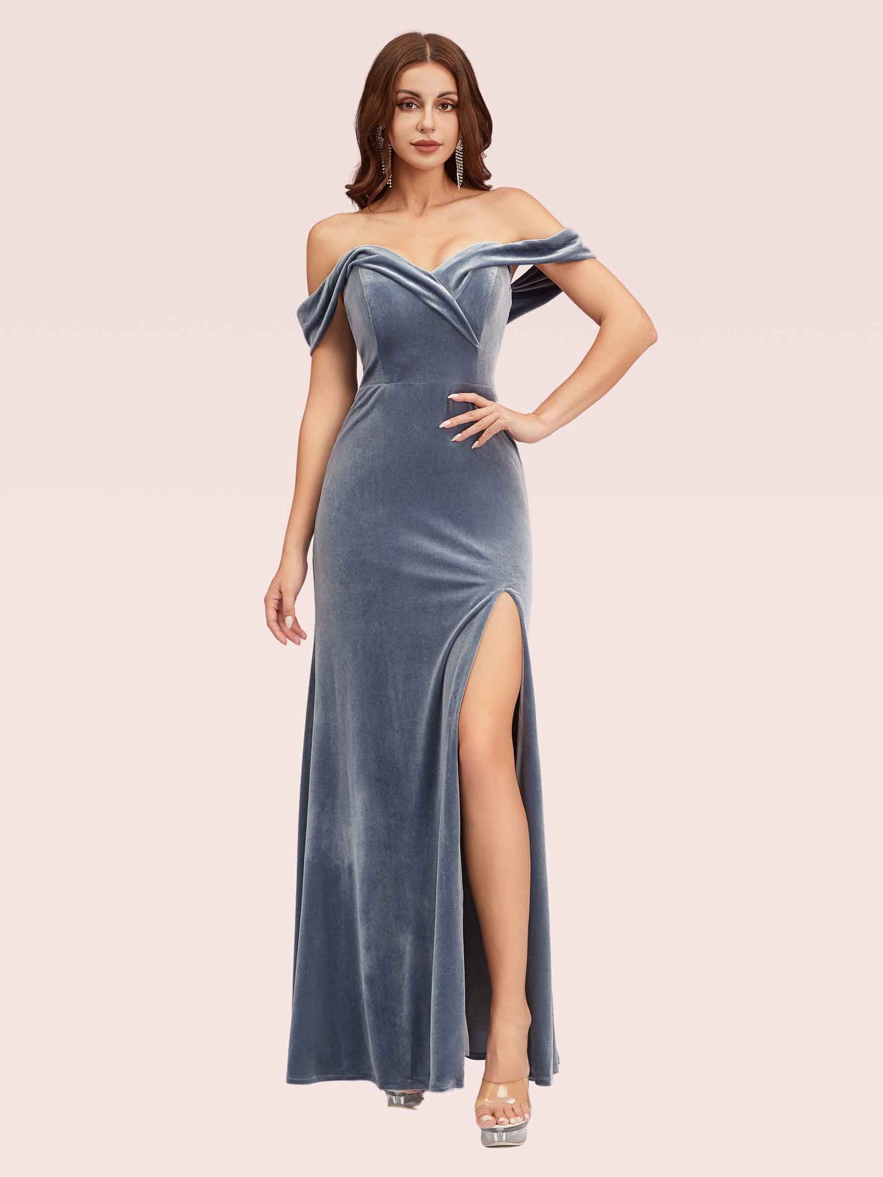 Sexy Side Slit Off Shoulder Long Mermaid Velvet Party Prom Dresses For Women