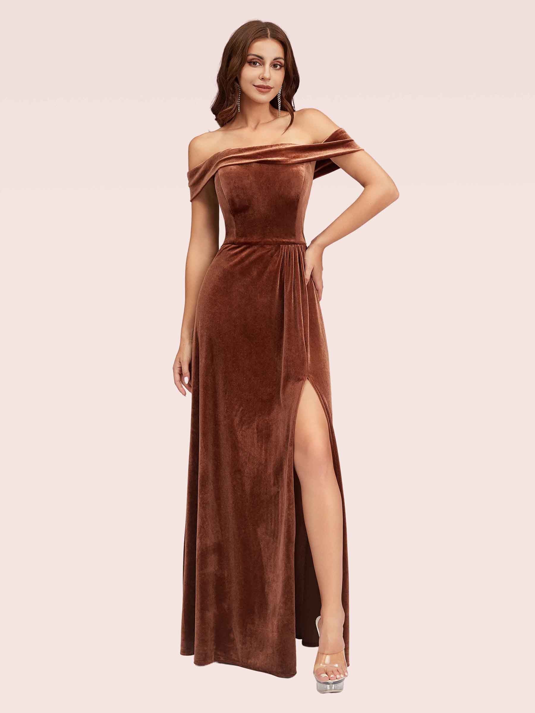 Elegant Stretch Velvet Off Shoulder Side Slit Long Formal Prom Dresses Online