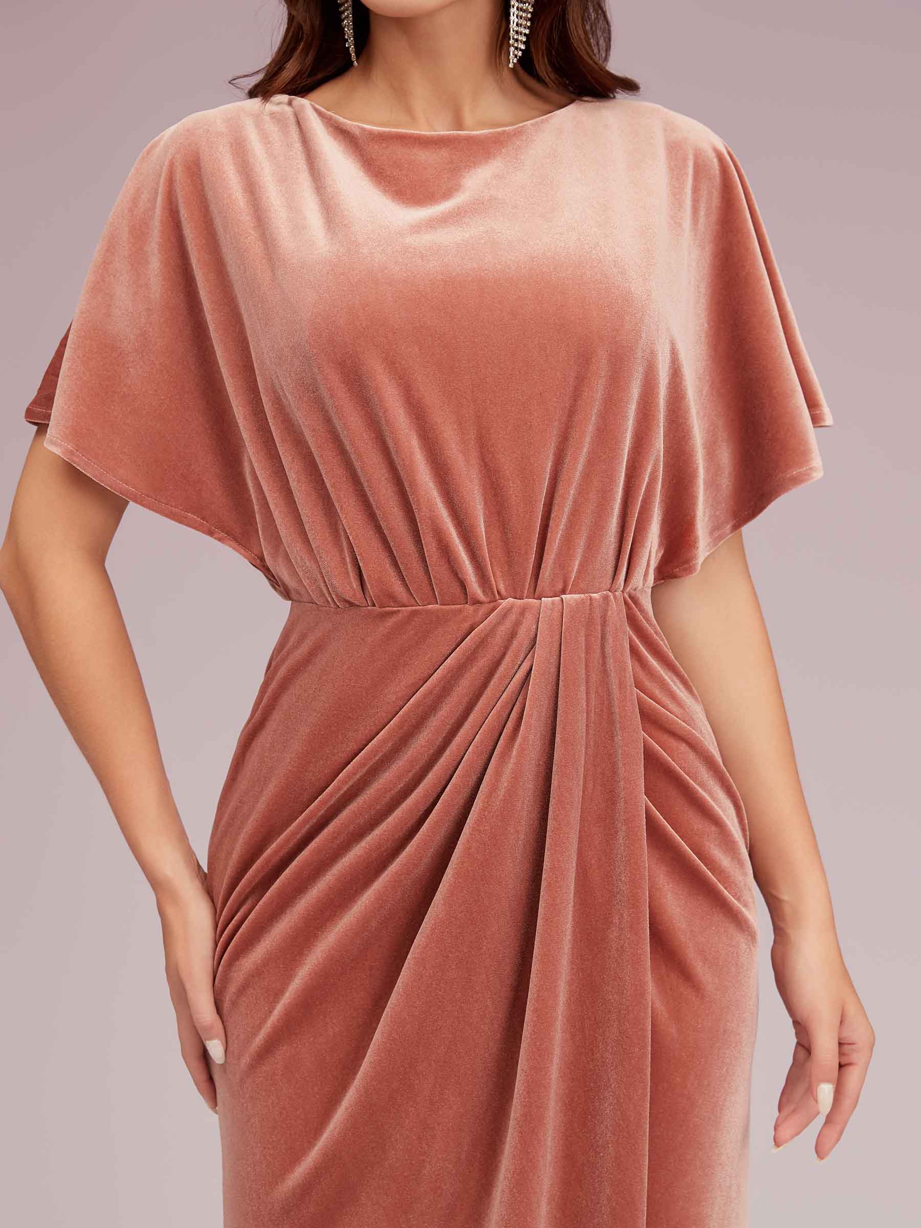 Elegant Velvet Bateau Bat Sleeve Side Slit Long Graduation Prom Dresses With Slit