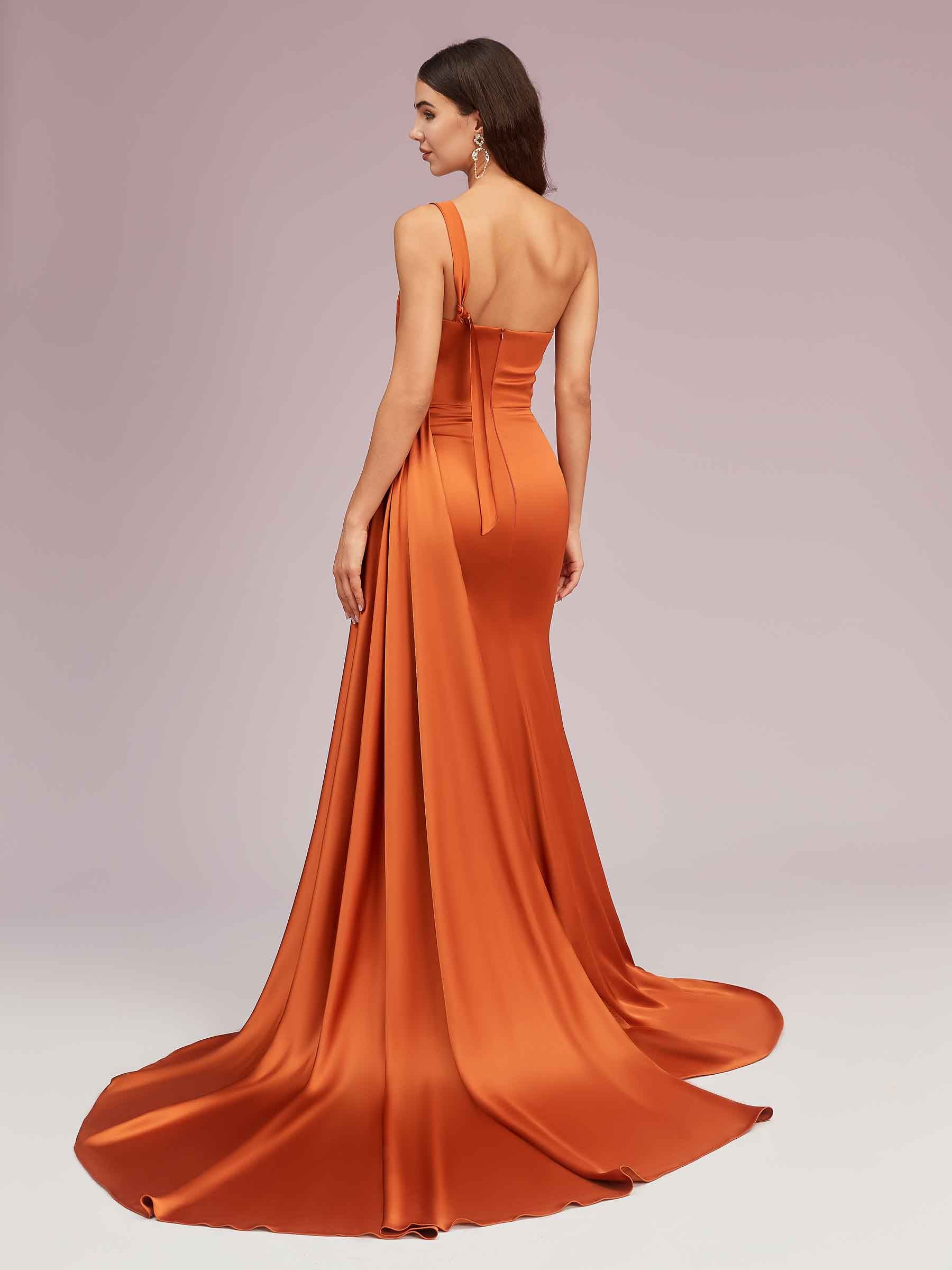 Sexy Mermaid One Shoulder Long Soft Satin Side Slit Bridesmaid Dresses