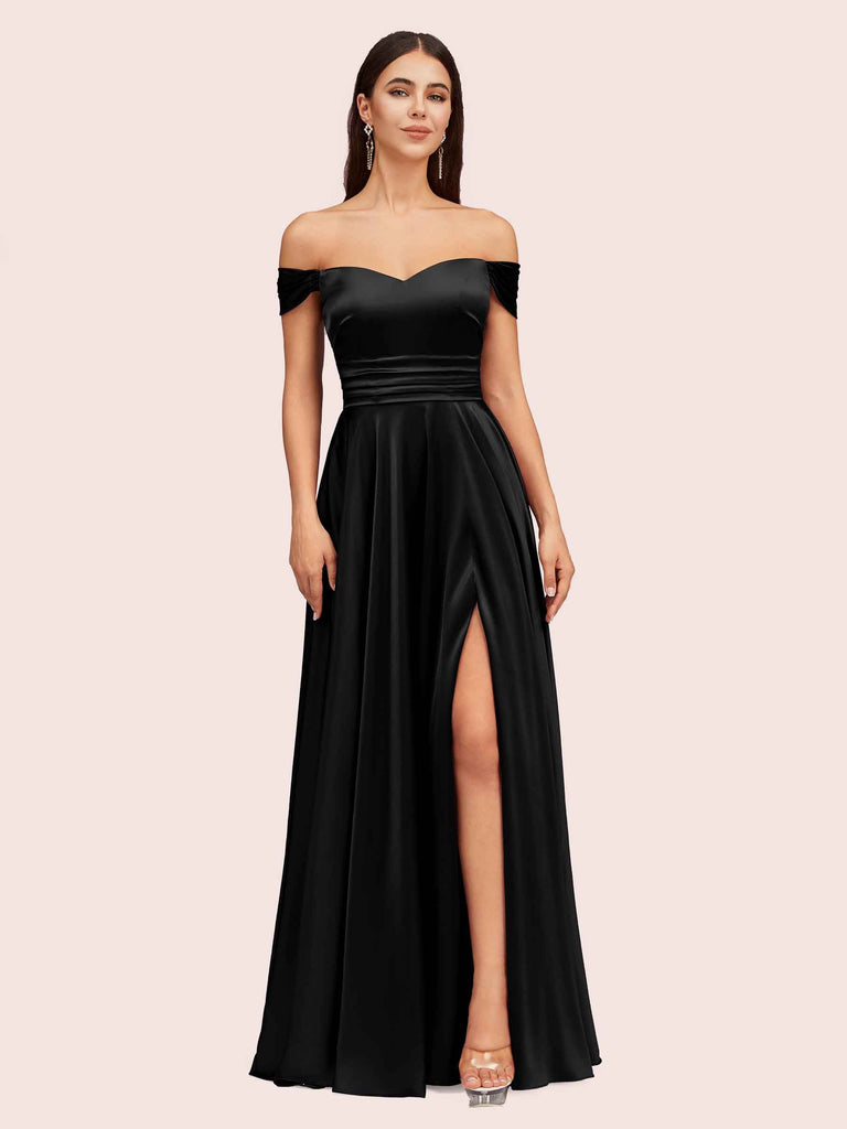 Sexy Off Shoulder Side Slit A-Line Long Soft Satin Bridesmaid Dresses Online For Sale