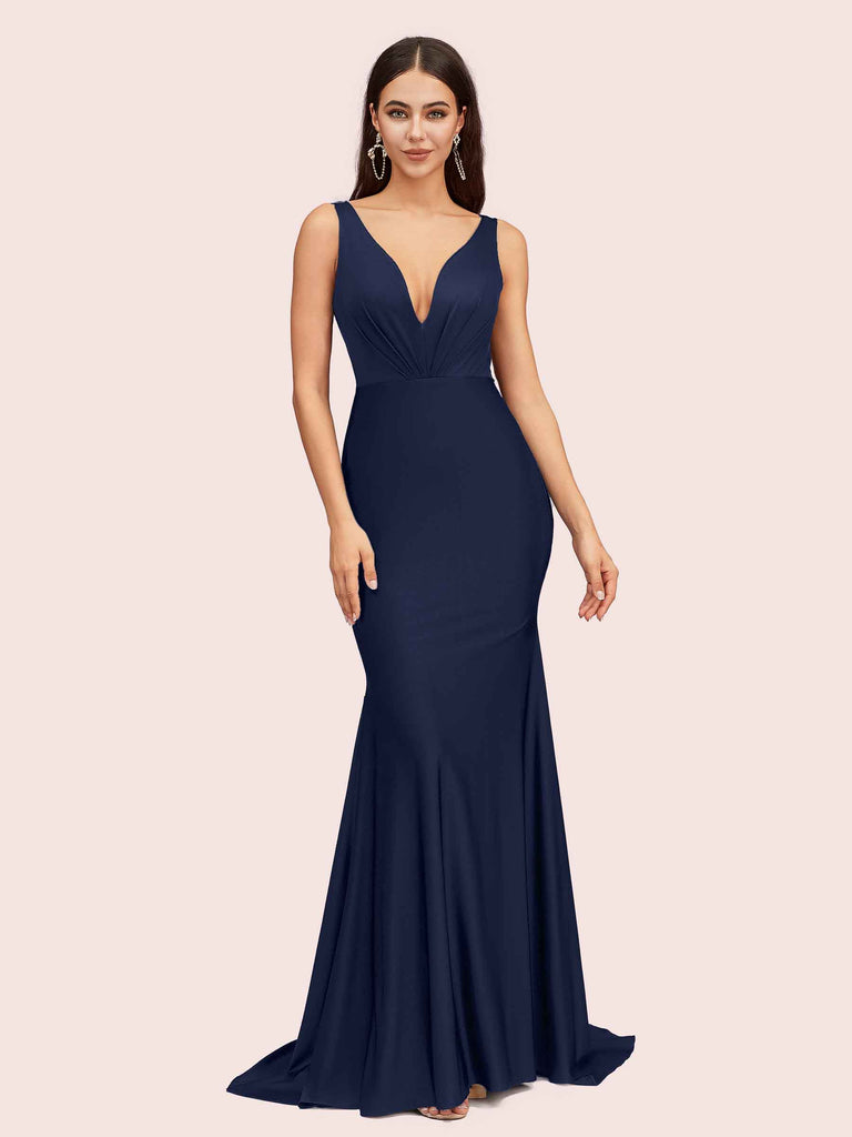 navy mermaid bridesmaid dresses Mermaid Off-the-Shoulder Navy Blue Bridesmaid Dress with Lace US0 / Custom Color