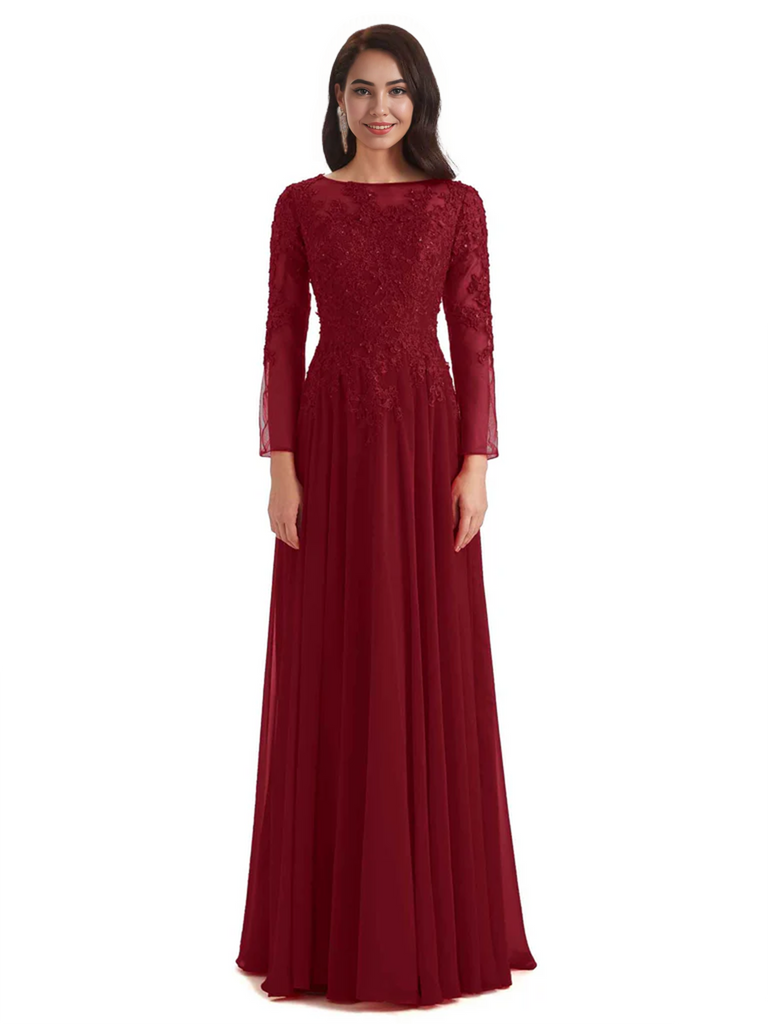Elegant A-line Long Sleeves Lace Long Mother of The Bride Dresses