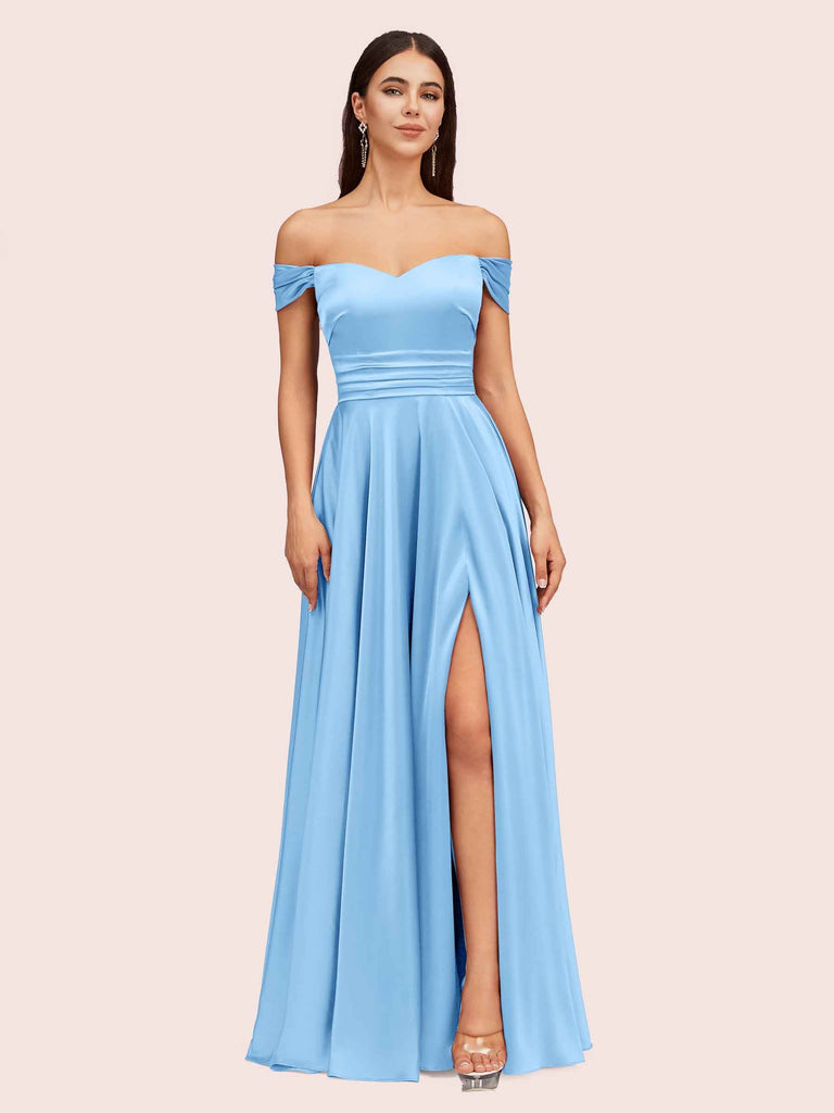 Sexy Off Shoulder Side Slit A-Line Long Soft Satin Bridesmaid Dresses Online For Sale