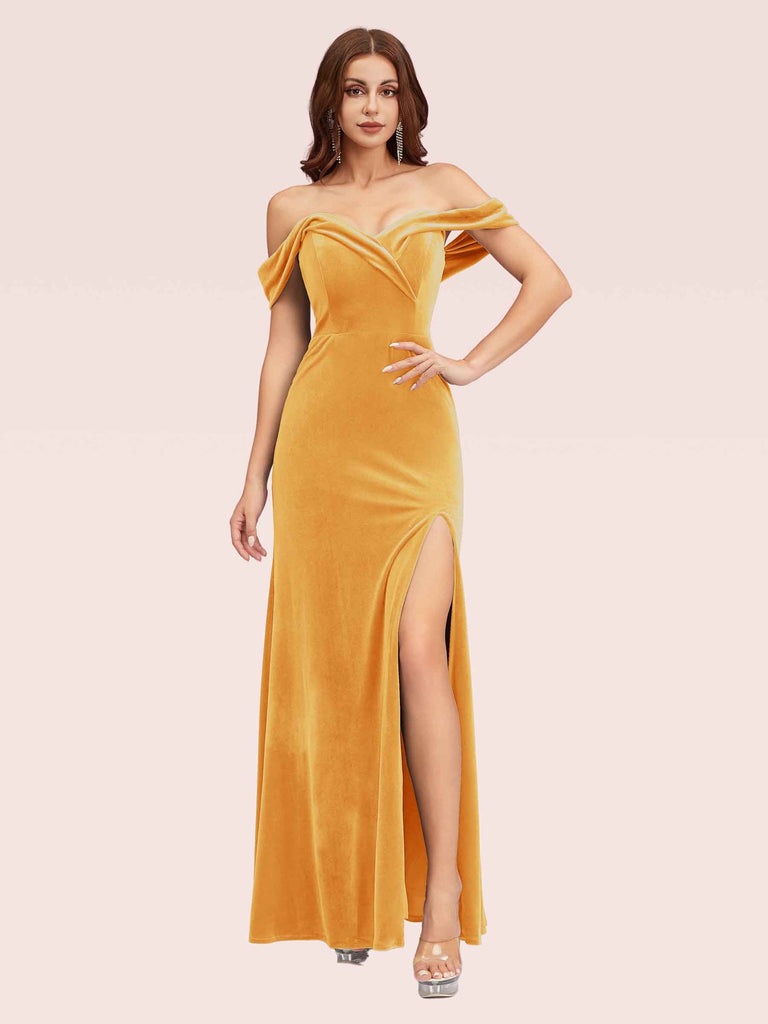 Sexy Side Slit Off Shoulder Long Mermaid Velvet Bridesmaid Dresses Online For Sale