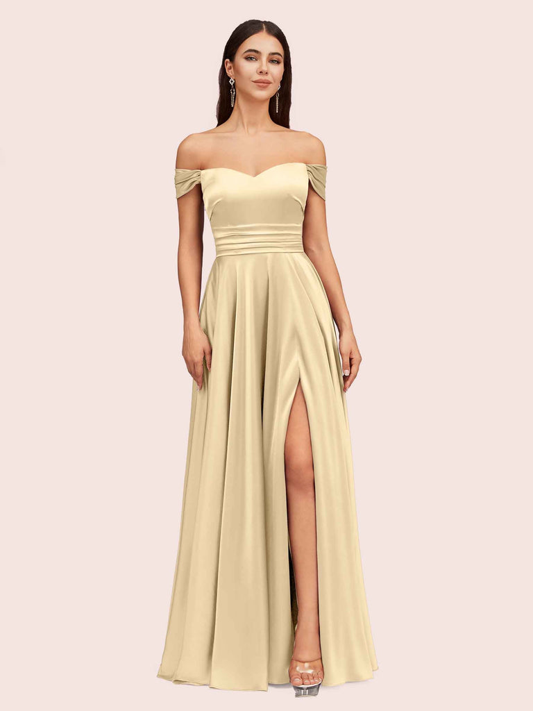 Sexy Off Shoulder Side Slit A-Line Long Soft Satin Bridesmaid Dresses Online For Sale