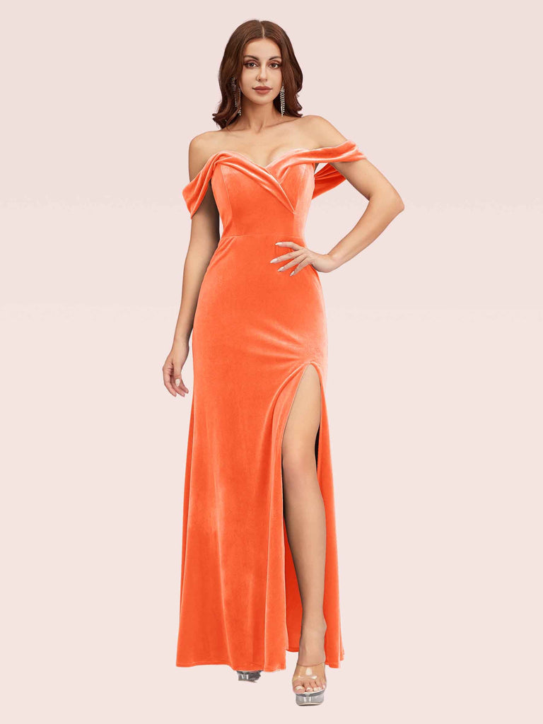 Sexy Side Slit Off Shoulder Long Mermaid Velvet Bridesmaid Dresses Online For Sale