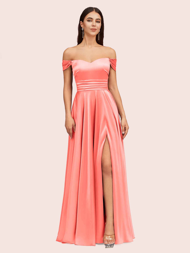 Sexy Off Shoulder Side Slit A-Line Long Soft Satin Bridesmaid Dresses Online For Sale