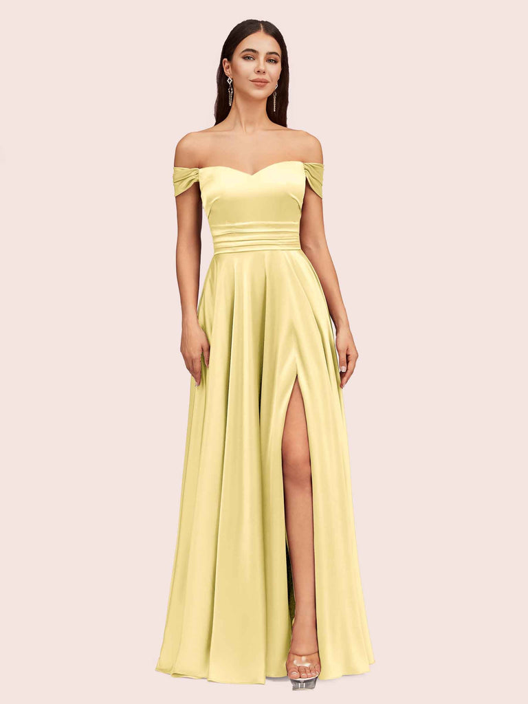 Sexy Off Shoulder Side Slit A-Line Long Soft Satin Bridesmaid Dresses Online For Sale