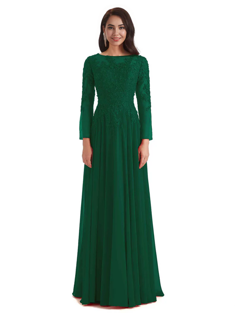 Elegant A-line Long Sleeves Lace Long Mother of The Bride Dresses