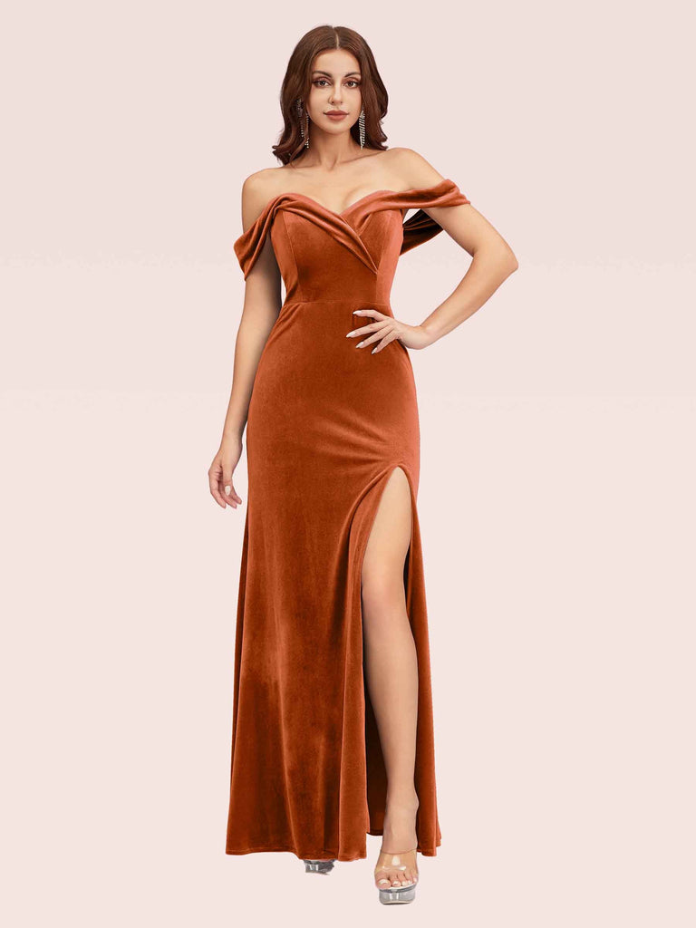 Sexy Side Slit Off Shoulder Long Mermaid Velvet Bridesmaid Dresses Online For Sale