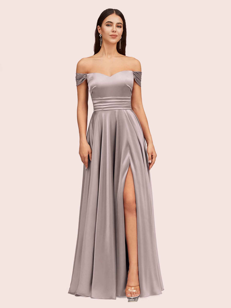 Sexy Off Shoulder Side Slit A-Line Long Soft Satin Bridesmaid Dresses Online For Sale