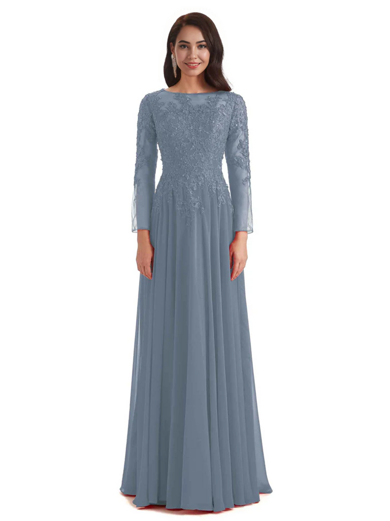 Elegant A-line Long Sleeves Lace Long Mother of The Bride Dresses