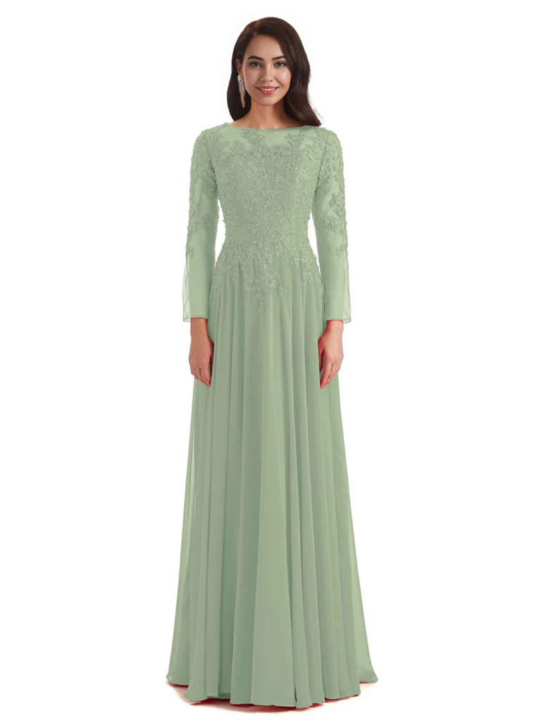 Elegant A-line Long Sleeves Lace Long Mother of The Bride Dresses