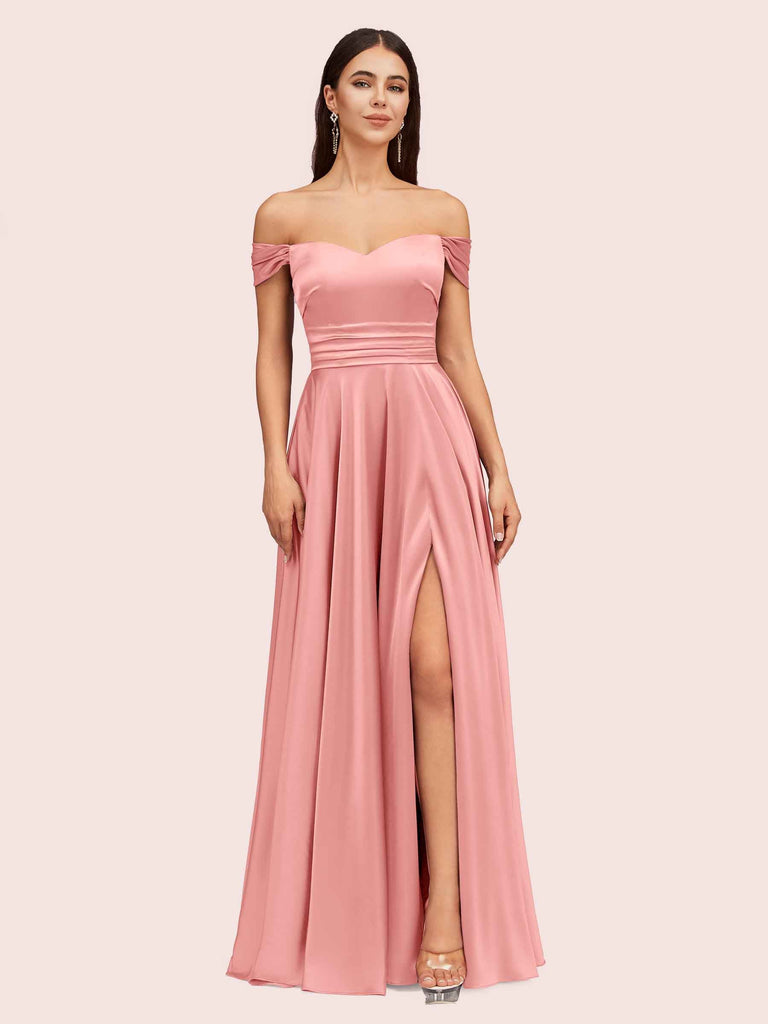 Sexy Off Shoulder Side Slit A-Line Long Soft Satin Bridesmaid Dresses Online For Sale