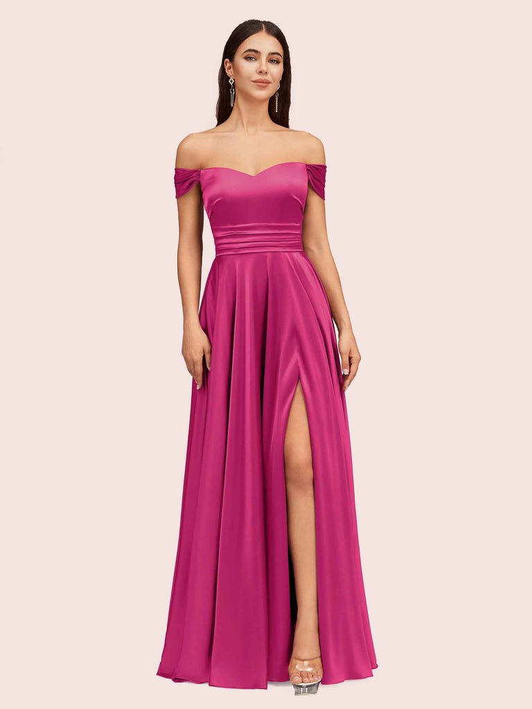 Sexy Off Shoulder Side Slit A-Line Long Soft Satin Bridesmaid Dresses Online For Sale