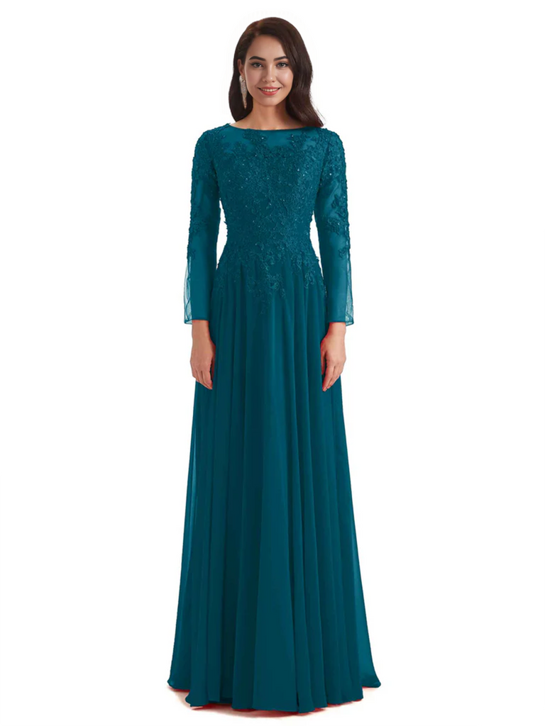 Elegant A-line Long Sleeves Lace Long Mother of The Bride Dresses