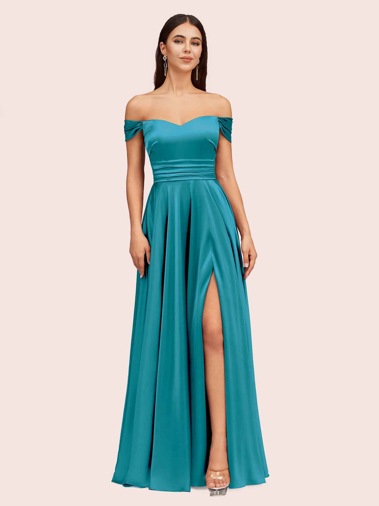 Sexy Off Shoulder Side Slit A-Line Long Soft Satin Bridesmaid Dresses Online For Sale