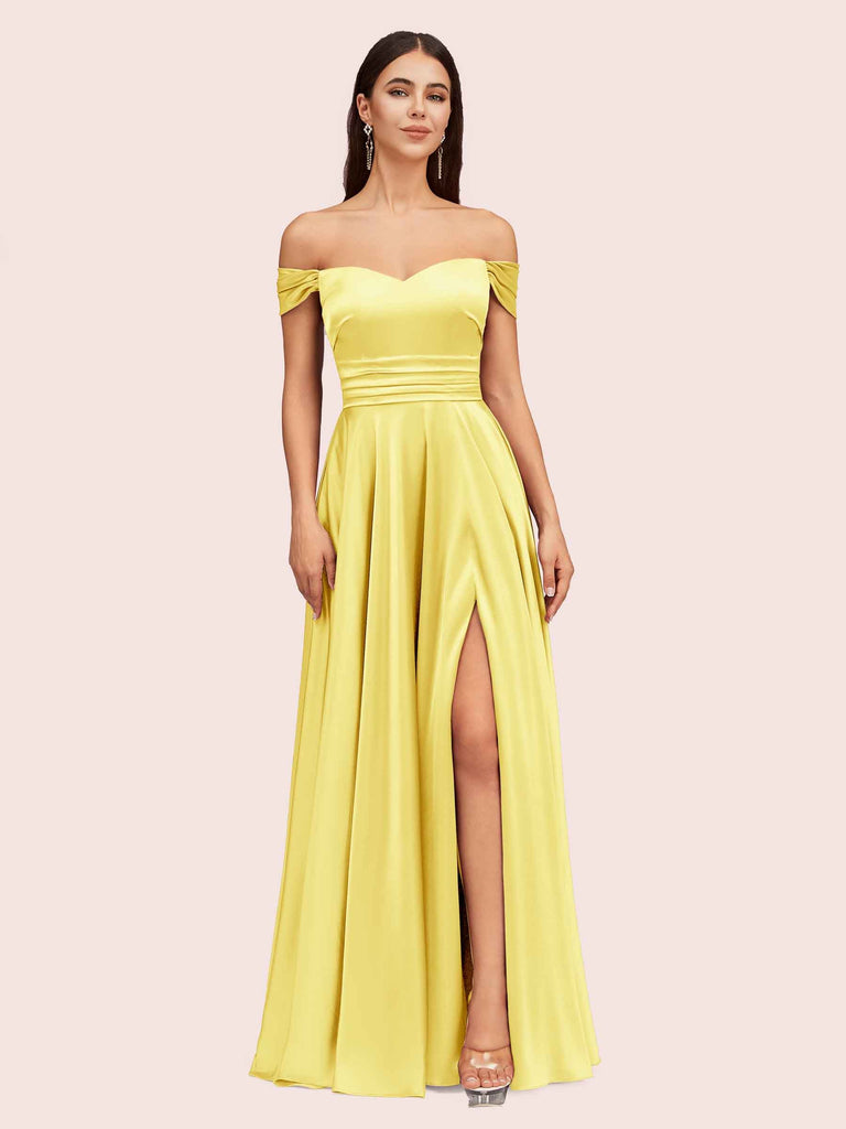 Sexy Off Shoulder Side Slit A-Line Long Soft Satin Bridesmaid Dresses Online For Sale