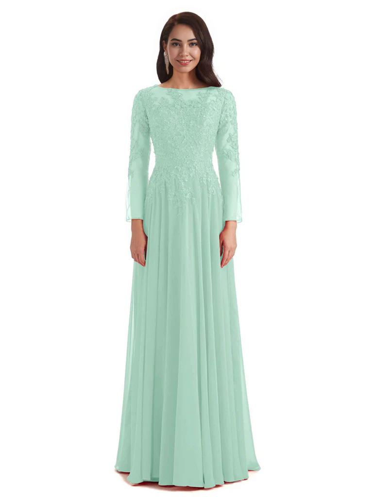 Elegant A-line Long Sleeves Lace Long Mother of The Bride Dresses