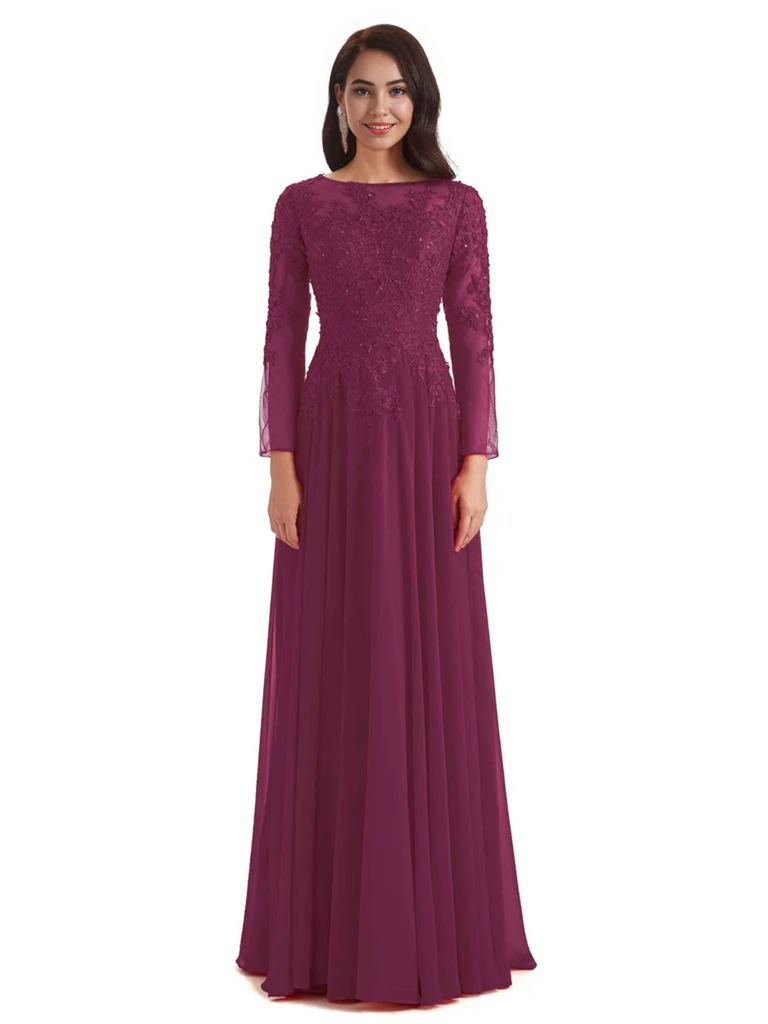 Elegant A-line Long Sleeves Lace Long Mother of The Bride Dresses