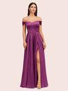 Sexy Off Shoulder Side Slit A-Line Long Soft Satin Bridesmaid Dresses Online For Sale