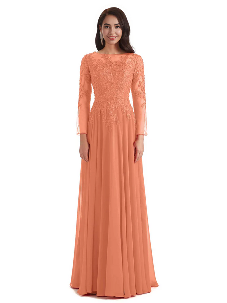 Elegant A-line Long Sleeves Lace Long Mother of The Bride Dresses