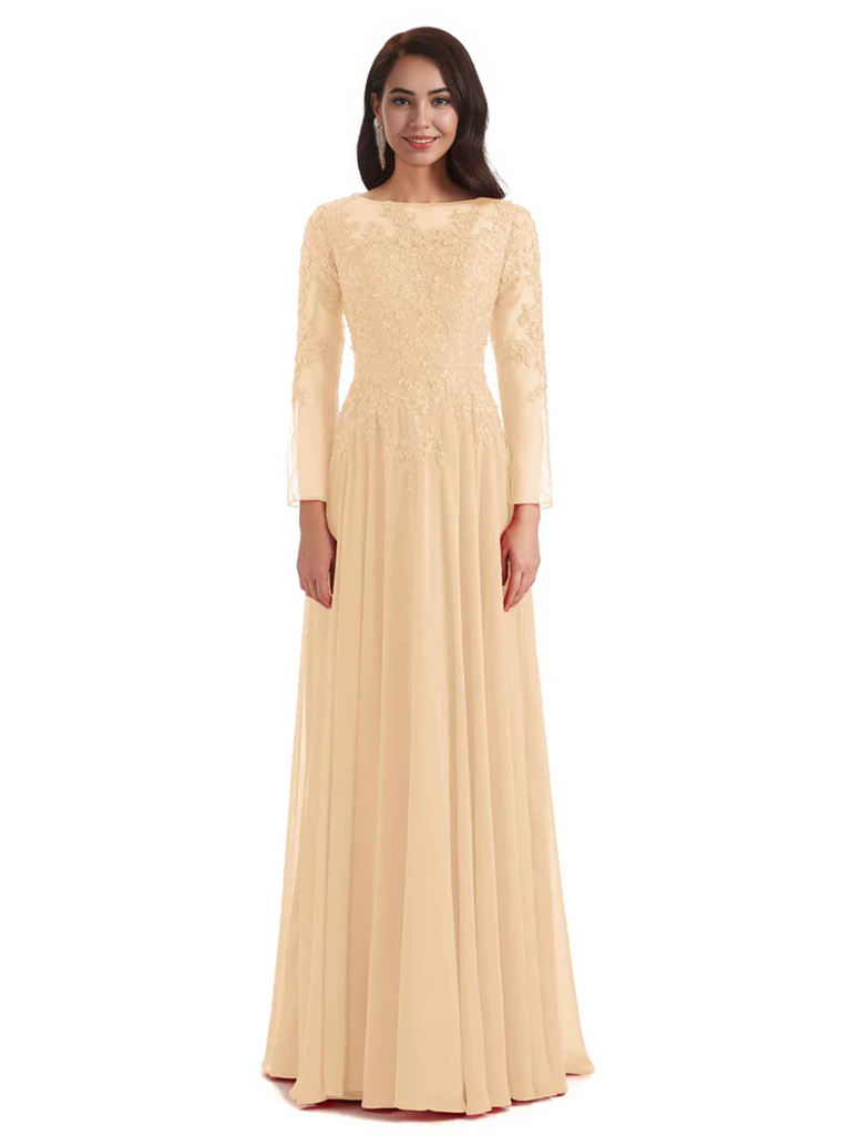 Elegant A-line Long Sleeves Lace Long Mother of The Bride Dresses