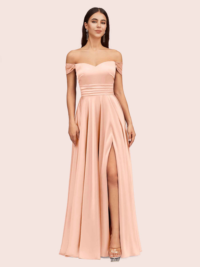 Sexy Off Shoulder Side Slit A-Line Long Soft Satin Bridesmaid Dresses Online For Sale