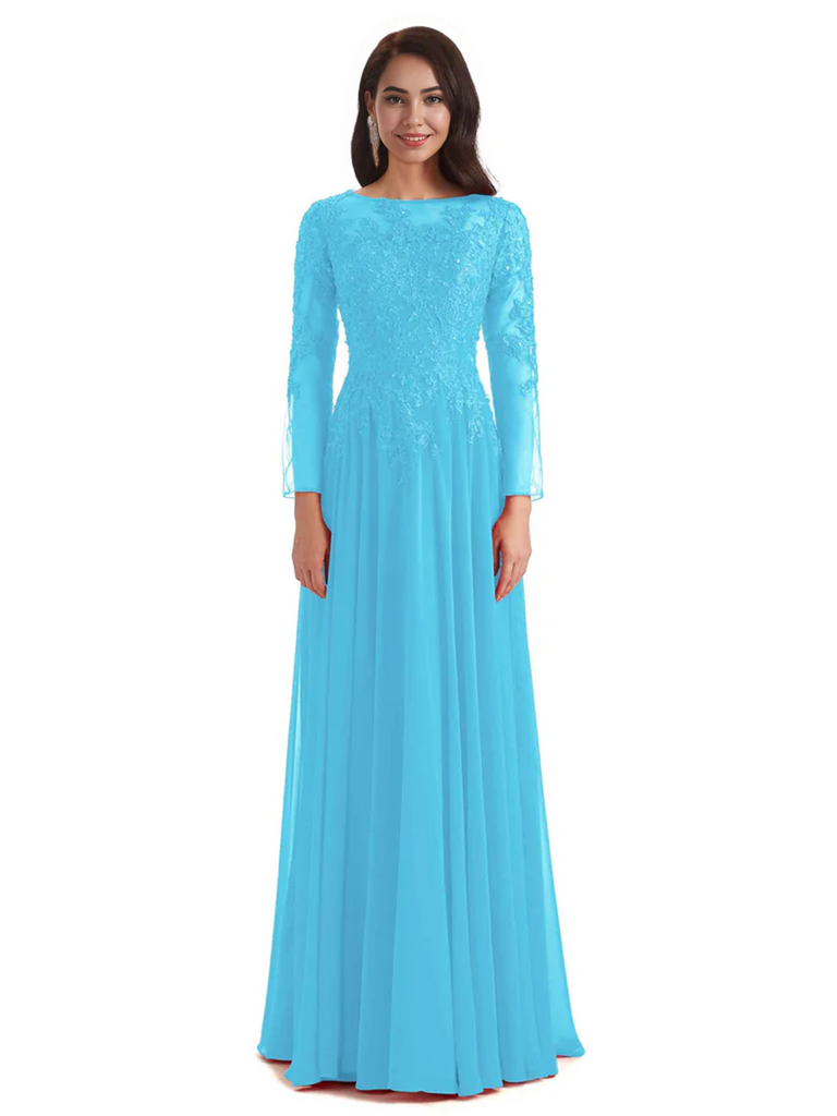 Elegant A-line Long Sleeves Lace Long Mother of The Bride Dresses