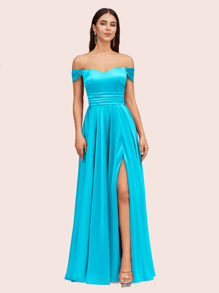 Sexy Off Shoulder Side Slit A-Line Long Soft Satin Bridesmaid Dresses Online For Sale