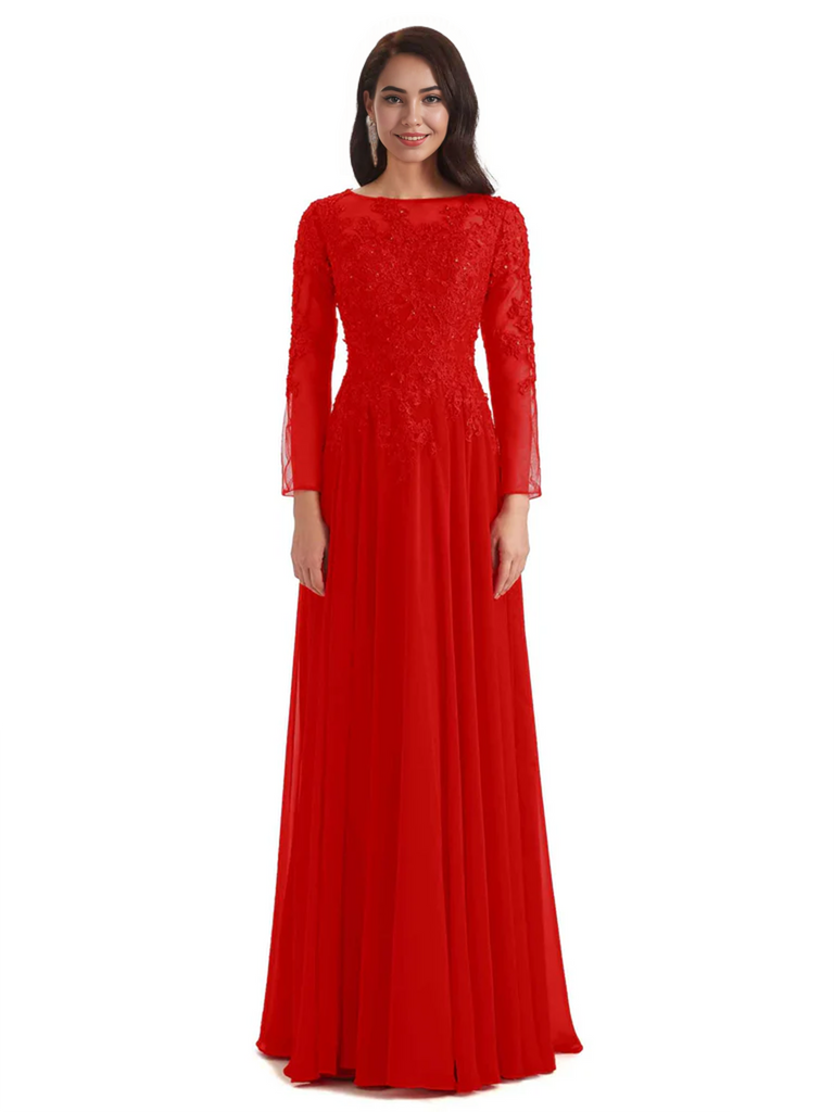 Elegant A-line Long Sleeves Lace Long Mother of The Bride Dresses