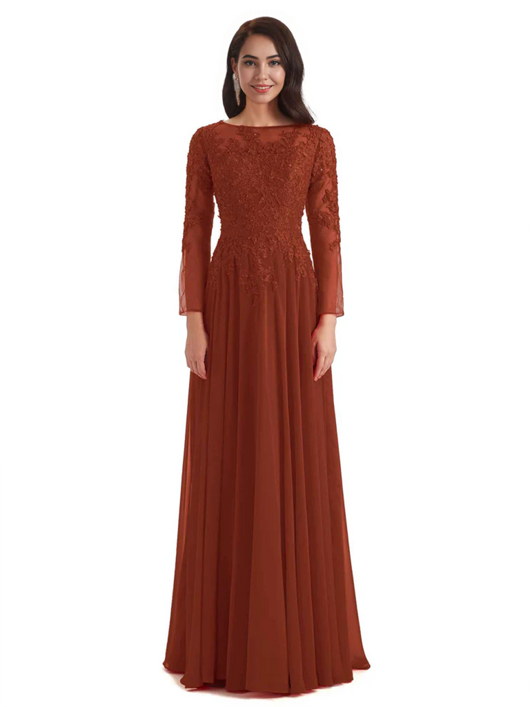 Elegant A-line Long Sleeves Lace Long Mother of The Bride Dresses