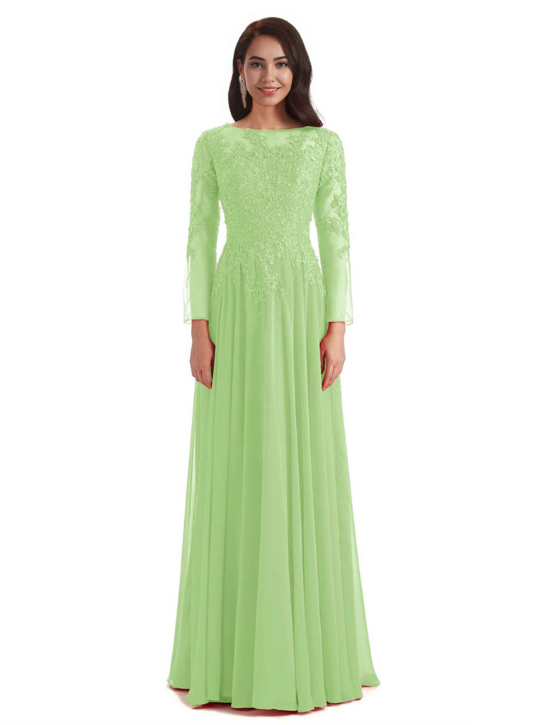 Elegant A-line Long Sleeves Lace Long Mother of The Bride Dresses