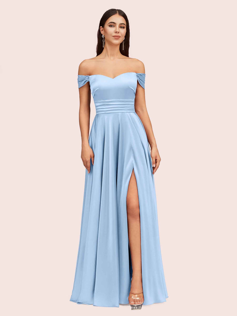 Sexy Off Shoulder Side Slit A-Line Long Soft Satin Bridesmaid Dresses Online For Sale