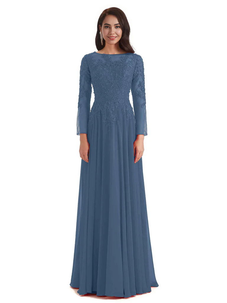 Elegant A-line Long Sleeves Lace Long Mother of The Bride Dresses