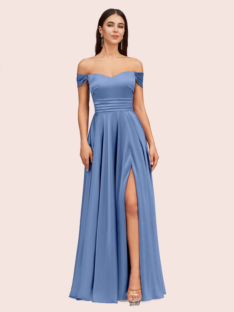 Sexy Off Shoulder Side Slit A-Line Long Soft Satin Bridesmaid Dresses Online For Sale