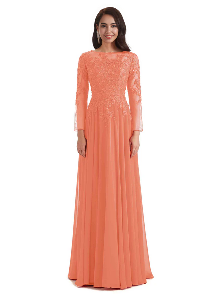Elegant A-line Long Sleeves Lace Long Mother of The Bride Dresses