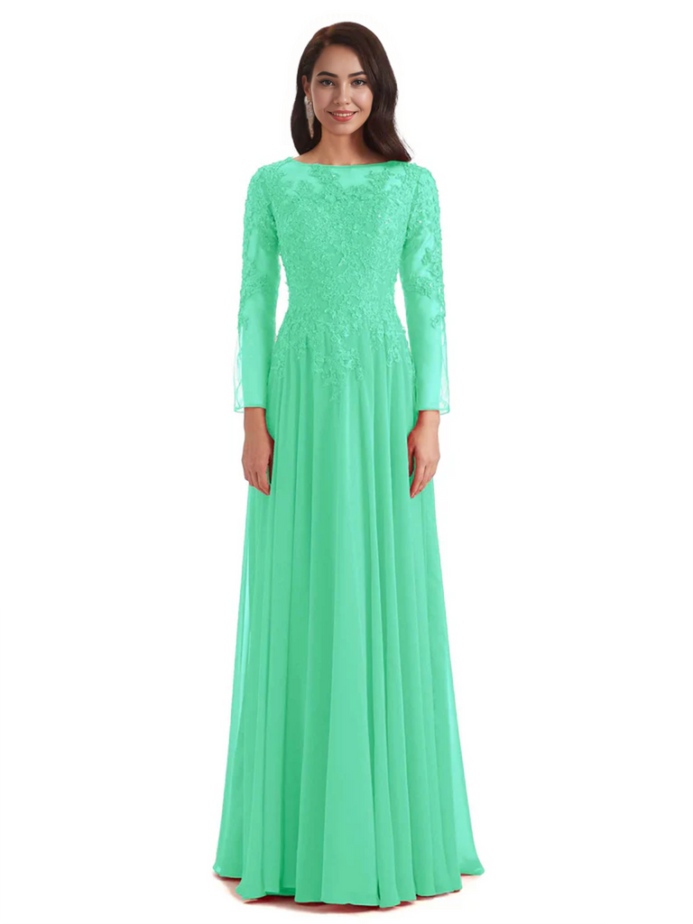 Elegant A-line Long Sleeves Lace Long Mother of The Bride Dresses