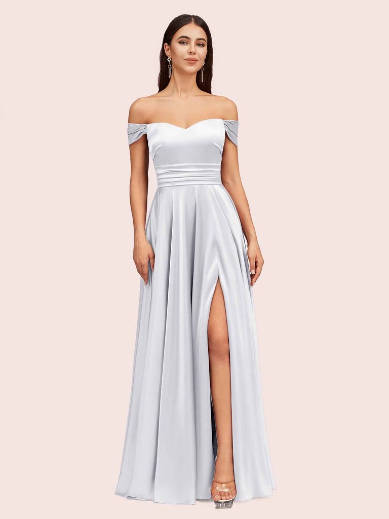 Sexy Off Shoulder Side Slit A-Line Long Soft Satin Bridesmaid Dresses Online For Sale