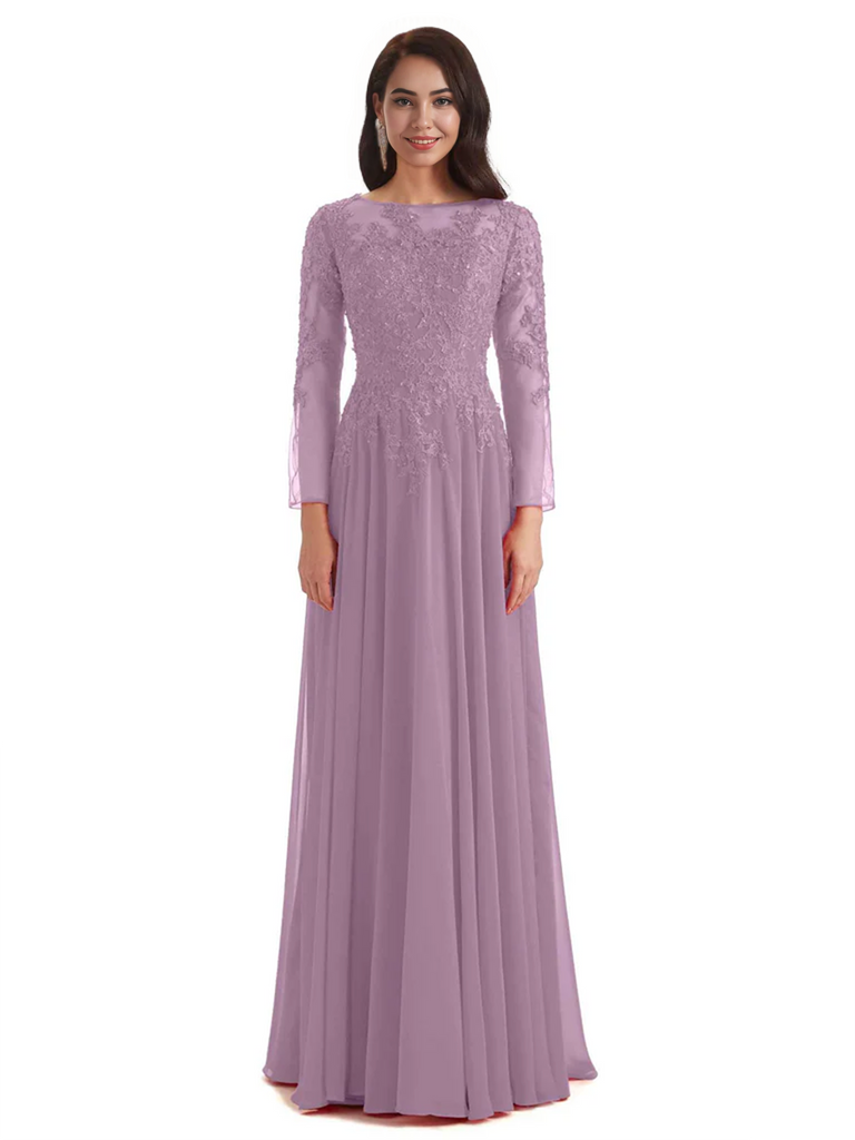 Elegant A-line Long Sleeves Lace Long Mother of The Bride Dresses