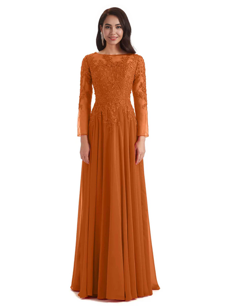 Elegant A-line Long Sleeves Lace Long Mother of The Bride Dresses
