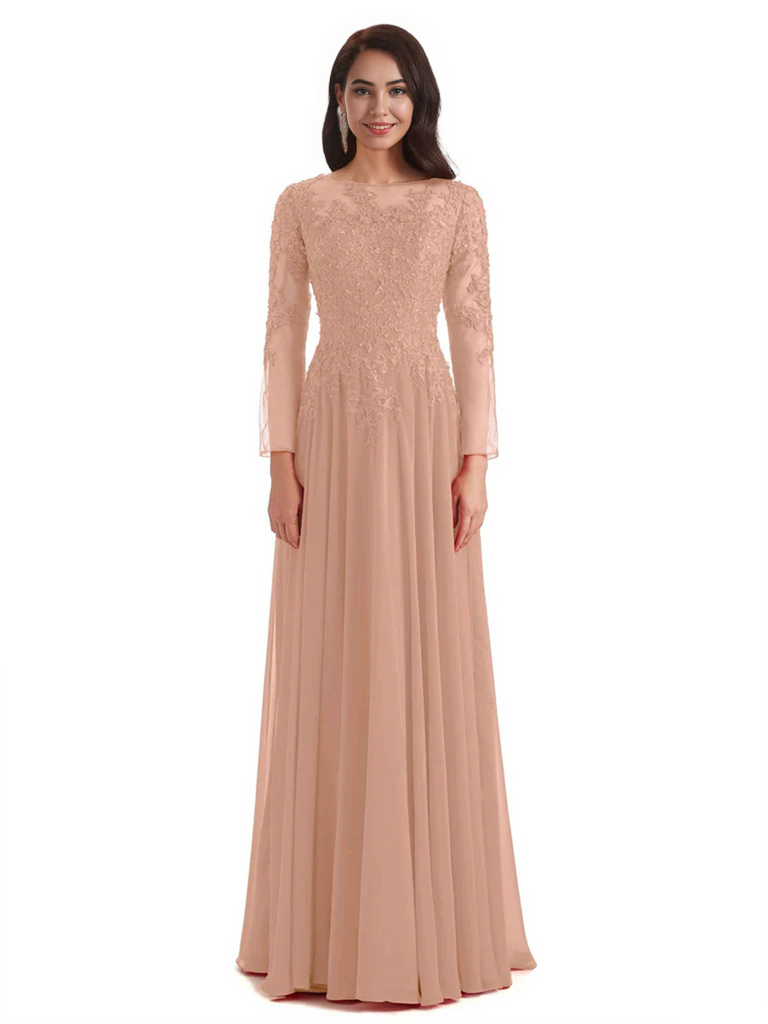 Elegant A-line Long Sleeves Lace Long Mother of The Bride Dresses