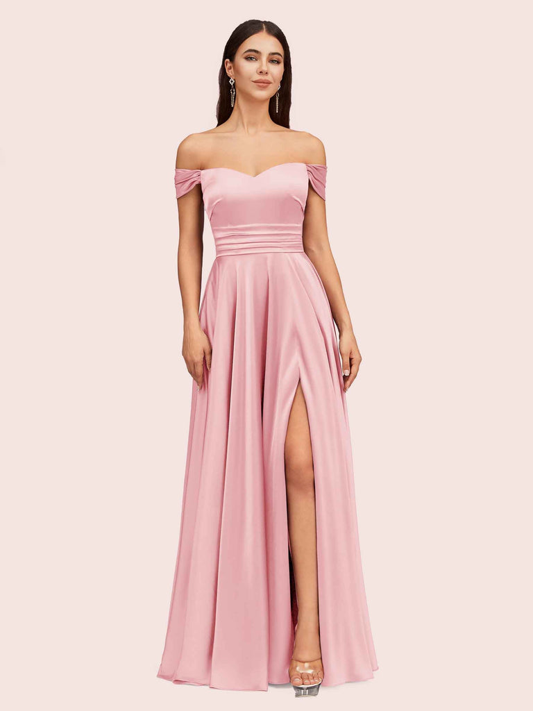 Sexy Off Shoulder Side Slit A-Line Long Soft Satin Bridesmaid Dresses Online For Sale