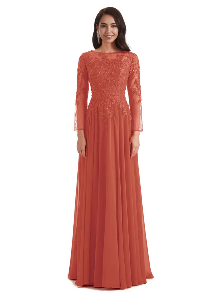 Elegant A-line Long Sleeves Lace Long Mother of The Bride Dresses