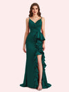 Sexy V-neck Spaghetti Straps Mermaid Soft Satin Long Matron of Honor Dress For Wedding